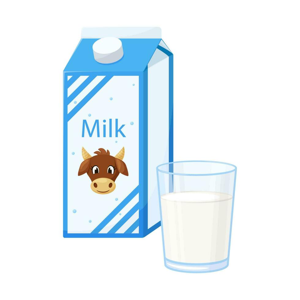un cerrado papel caja con Leche con un vaca en el etiqueta. un claro vaso vaso con Fresco leche. alimento, lechería producto. color vector ilustración aislado en un blanco antecedentes.