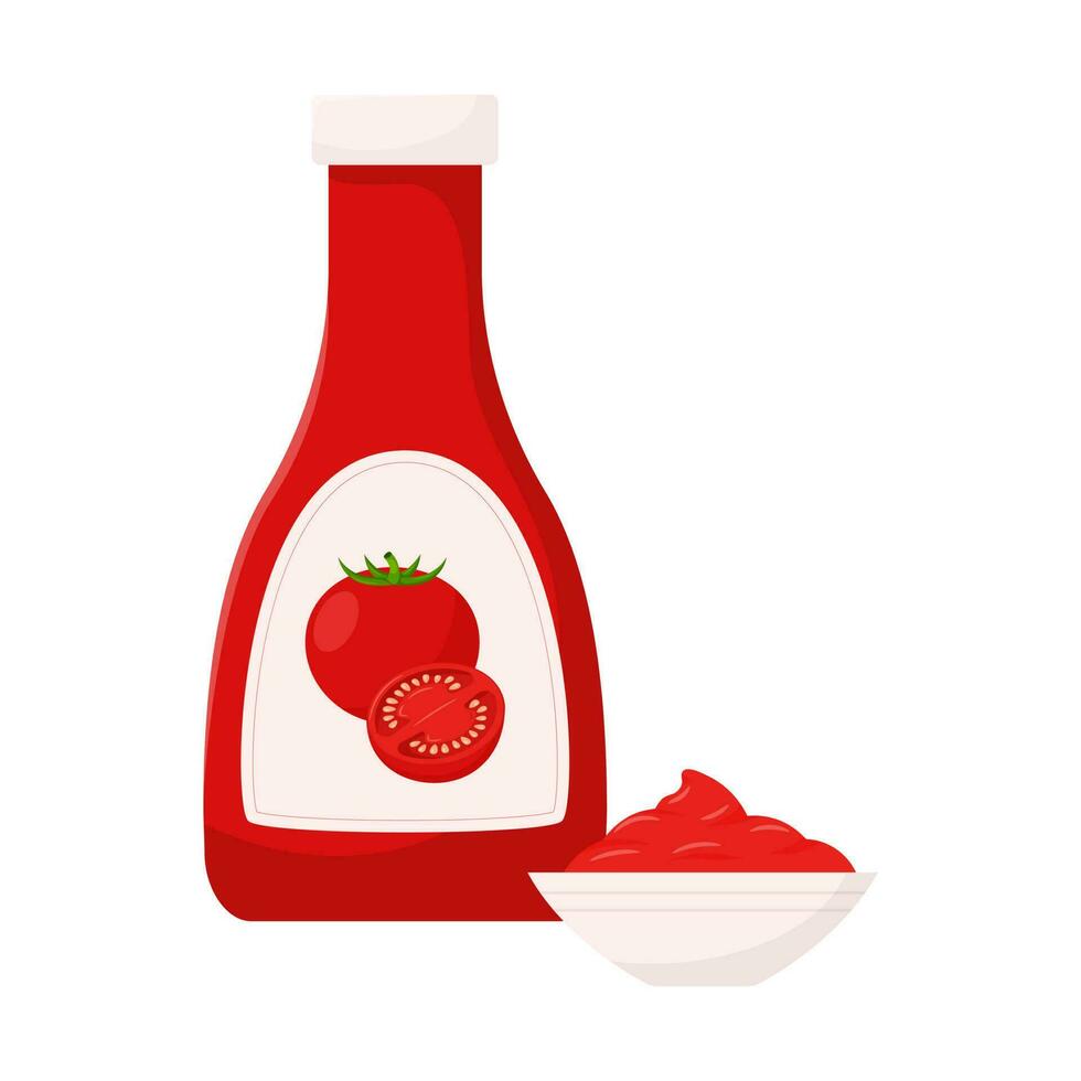 A red bottle of tomato ketchup with tomatoes on the labels and a bowl of ketchup. Food, tomato sauce, ingredient. Flat, cartoon style. Color vector illustration isolated on a white background.