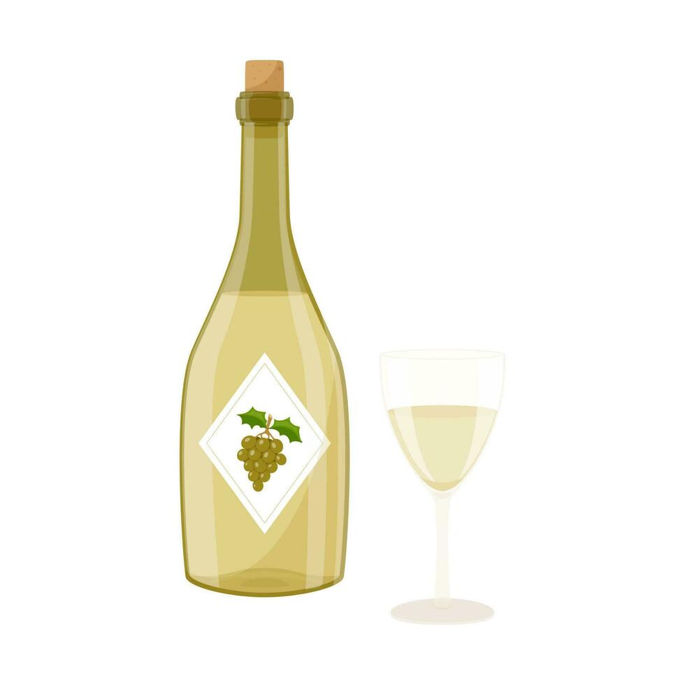 un botella de blanco vino con un corcho y un lleno transparente vaso. un botella con un etiqueta y verde uvas en él. plano dibujos animados estilo, aislado en un blanco color de fondo vector ilustración