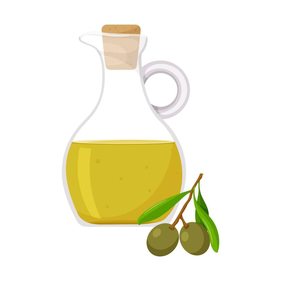 Olive oil in a jug. And a branch of an olive tree with green olives. Healthy food, an ingredient. Flat, cartoon style. Color vector illustration isolated on a white background.