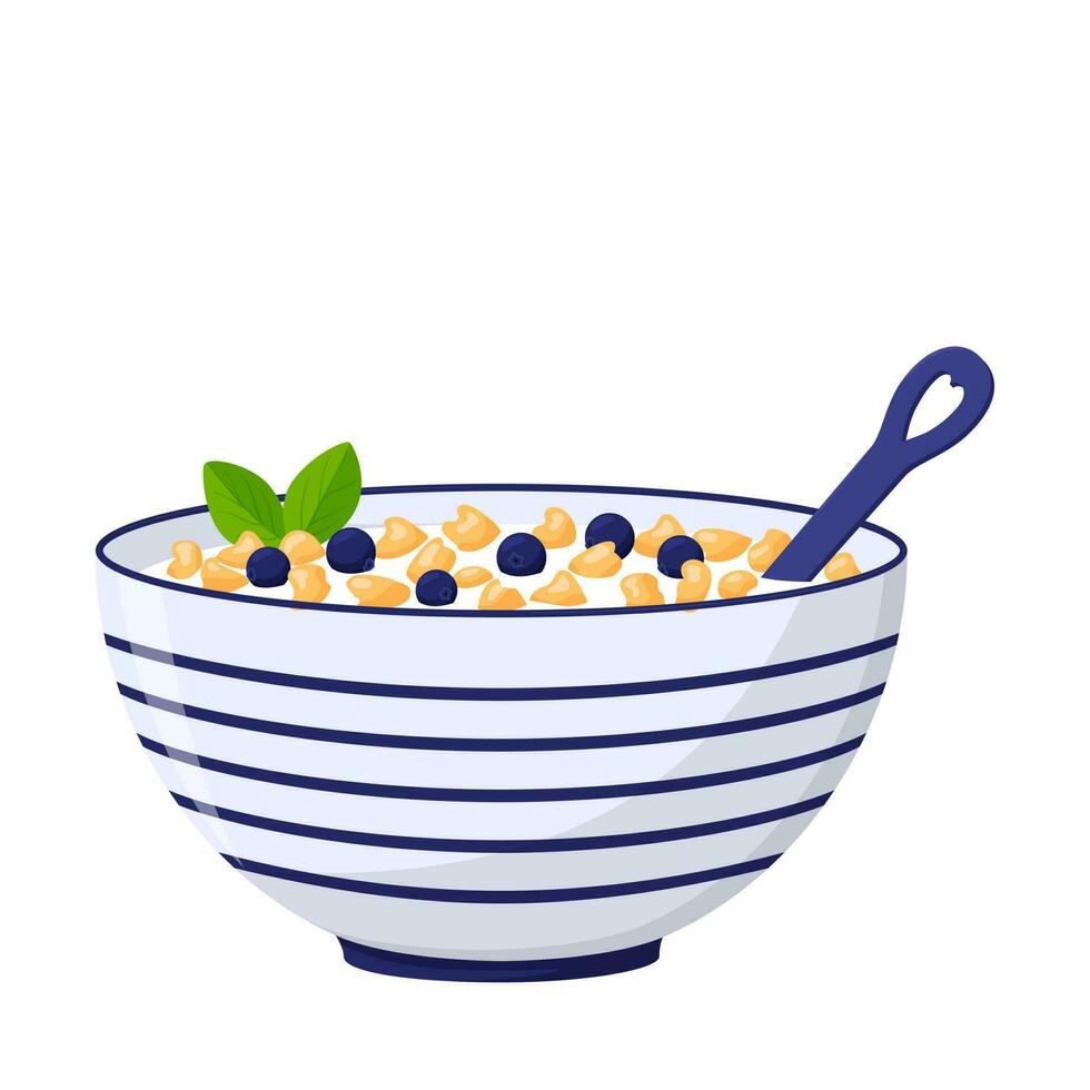 A deep bowl with porridge, oat flakes and blueberries. A healthy breakfast. Food, dairy product. Flat, cartoon style. Color vector illustration isolated on a white background.