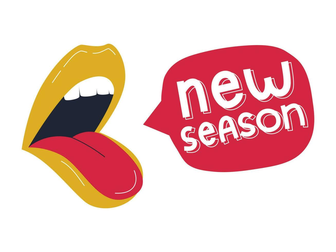 A poster announcing the new season of the podcast, broadcast, show. Female open mouth and speech bubble with handwritten words - New season. Flat vector illustration isolated on a white background