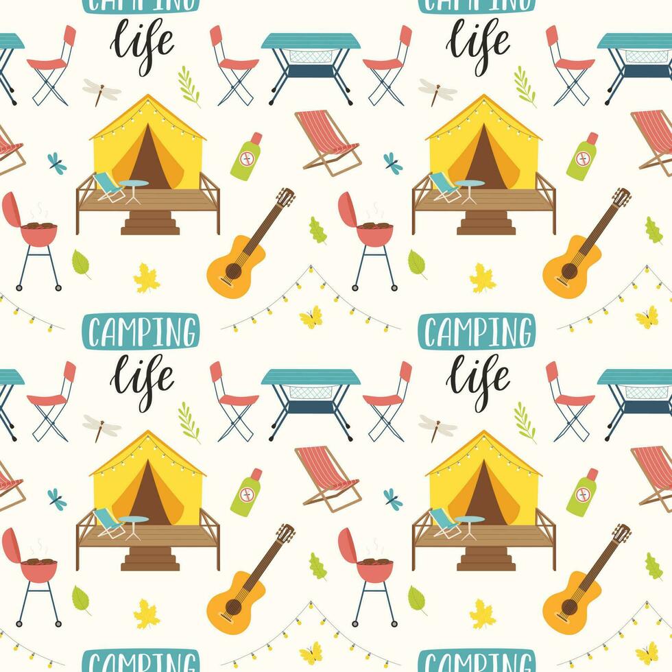 cámping sin costura modelo. viaje equipo y engranaje. mano dibujado plano elementos y letras, glamping carpa, guitarra. fondo para sitio web, bandera, textil, embalaje diseño.vector ilustración en blanco vector