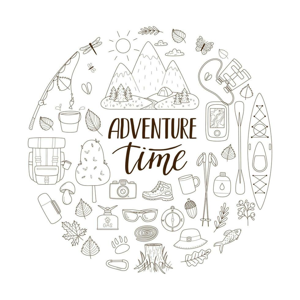 Doodle set of tourist equipment for camping, traveling, picnic, fishing. Lettering adventure time. Round composition as a print on clothes, cards, web. Outline vector illustrations isolated on white.