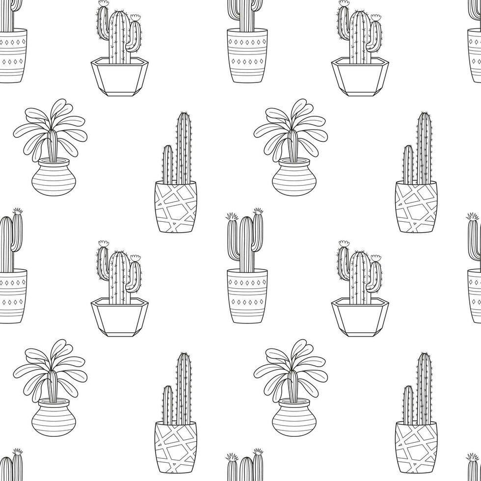 Seamless pattern with hand drawn doodle outline potted cactuses. Home plant, linear succulent. Vector black and white illustration on white background