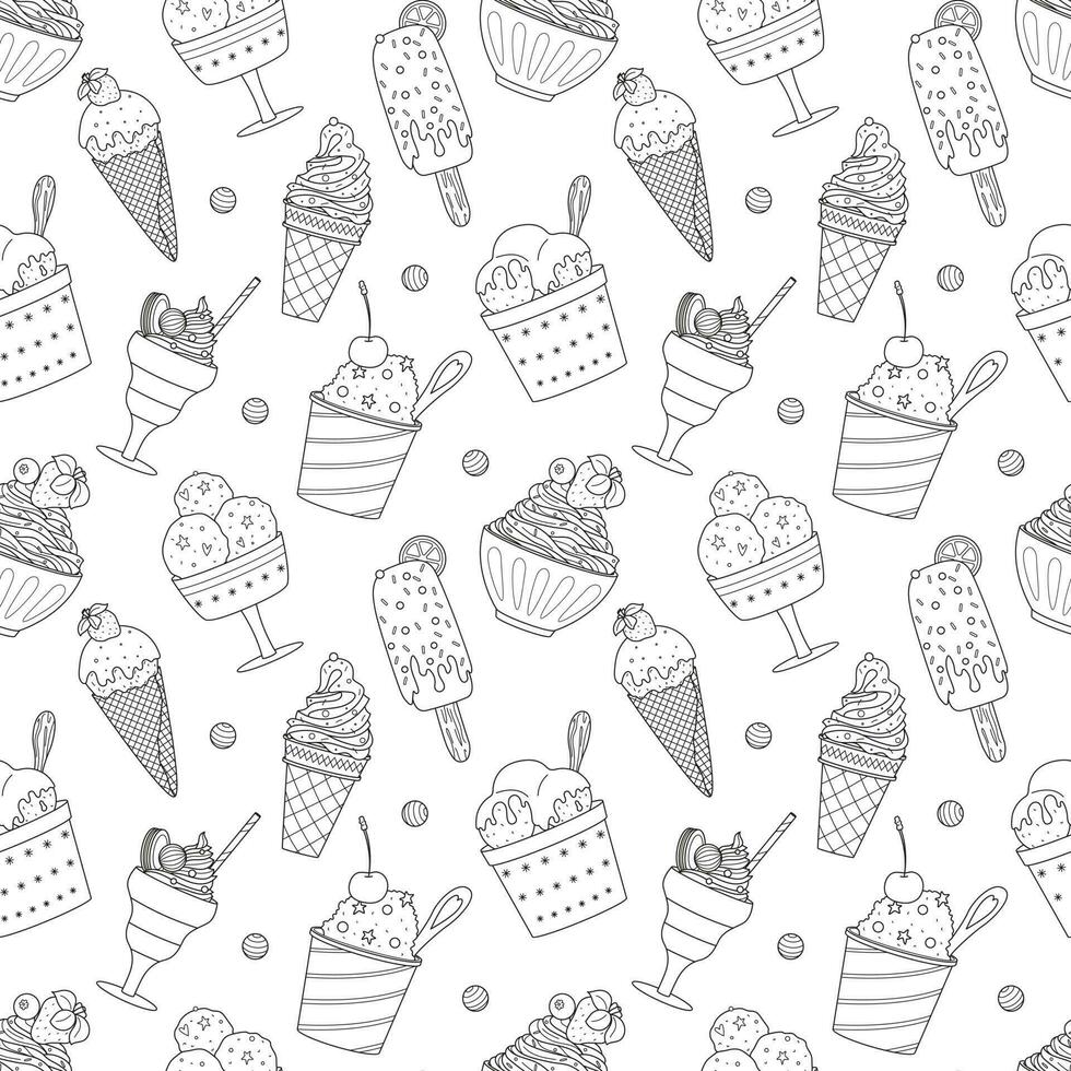 Seamless pattern with outline different ice cream, popsicle, waffle cone, bowl with whipped food. Doodle sweet summer desserts. Hand drawn black and white vector illustration on white background.