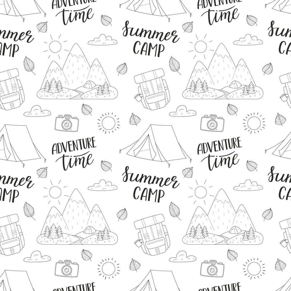 Camping seamless pattern. Travel background with hand drawn outline hiking elements and lettering. Doodle backdrop for website, banner, cover, textile, packaging design. Vector illustration on white