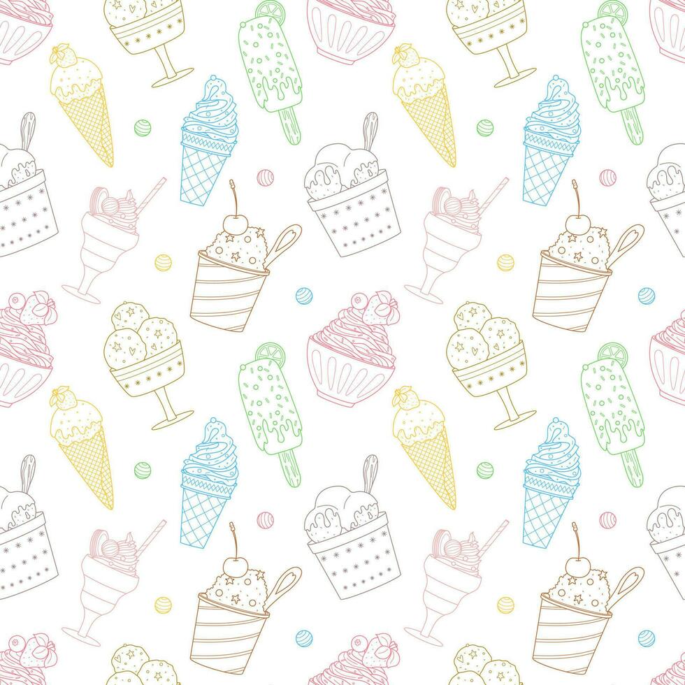 Seamless pattern with outline different ice cream, popsicle, waffle cone, bowl with whipped food. Sweet summer desserts. Hand drawn color linear vector illustration on white background.