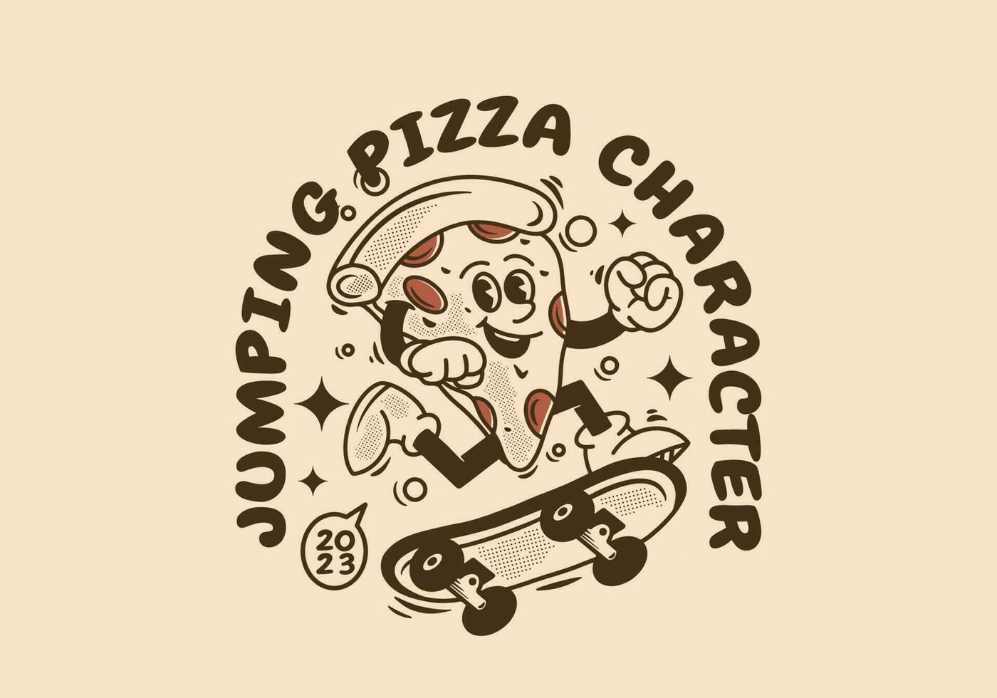 Clásico mascota personaje de Pizza saltando en patinar tablero vector