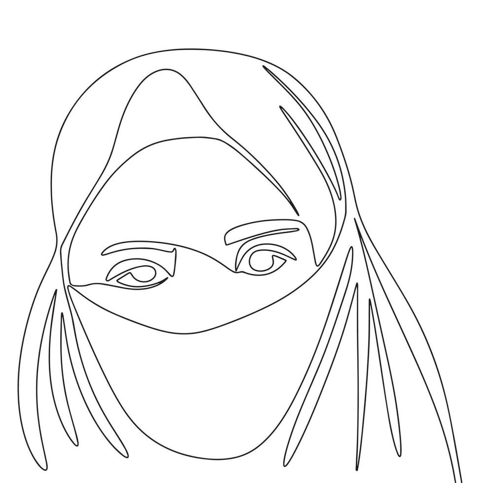Woman in hijab. One line continuous hand drawn vector illustraiton. Line art Arabic beautiful woman. Face of young woman single line.