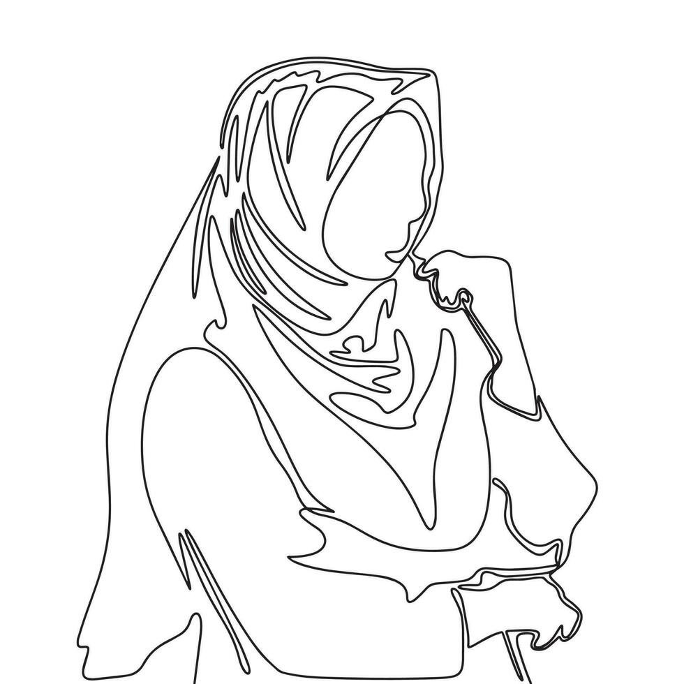 Woman in hijab. One line continuous hand drawn vector illustraiton. Line art Arabic beautiful woman. Young woman single line.