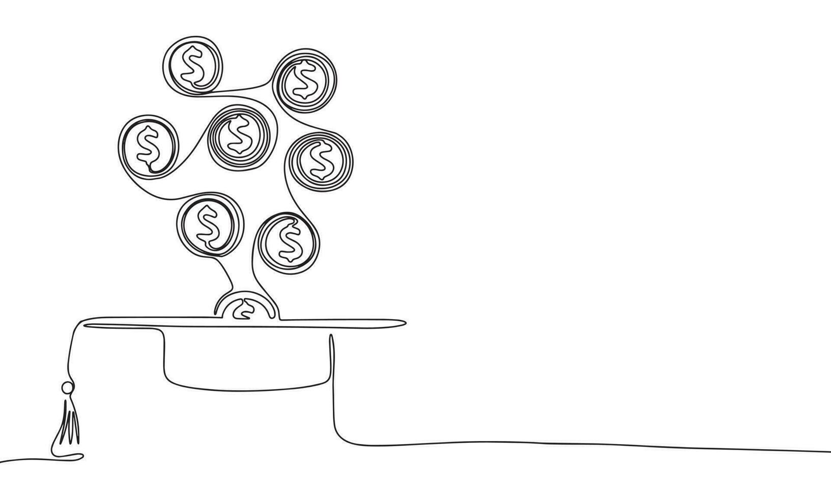 Graduation cap with fall money one line continuous illustration. Line art graduation, cost education vector. vector