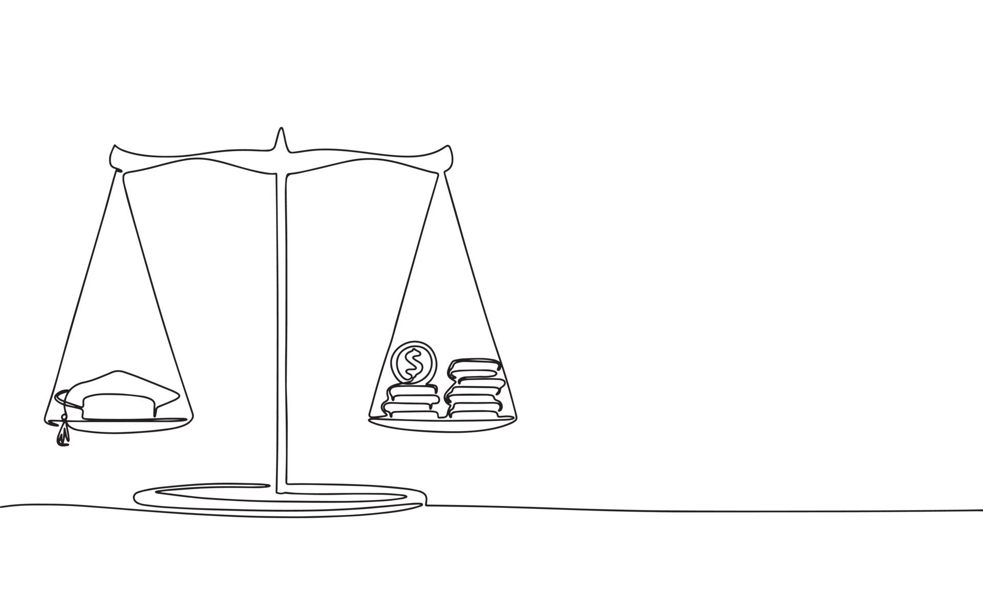 Graduation cap and coins on scale one line continuous illustration