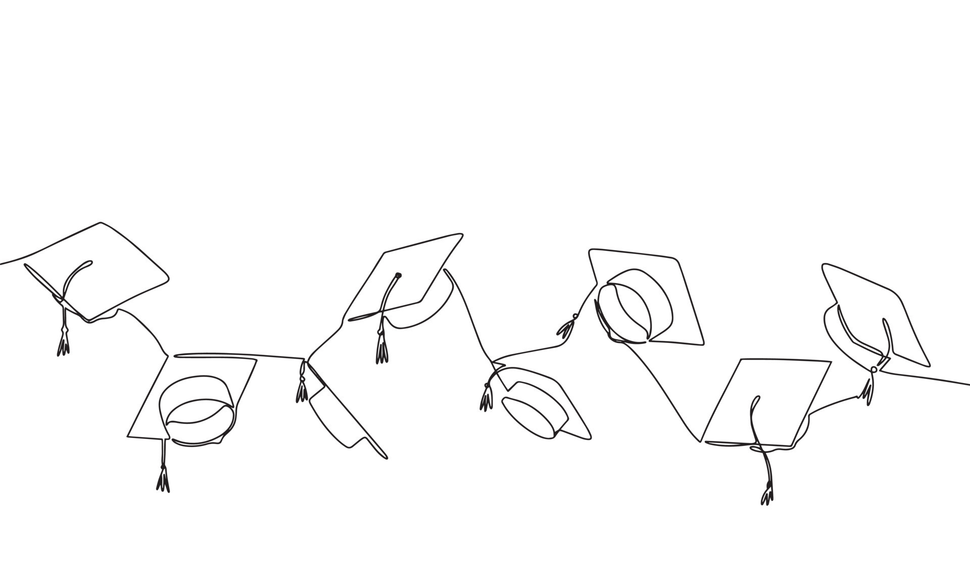 Throwing graduation caps one line continuous illustration. Line art