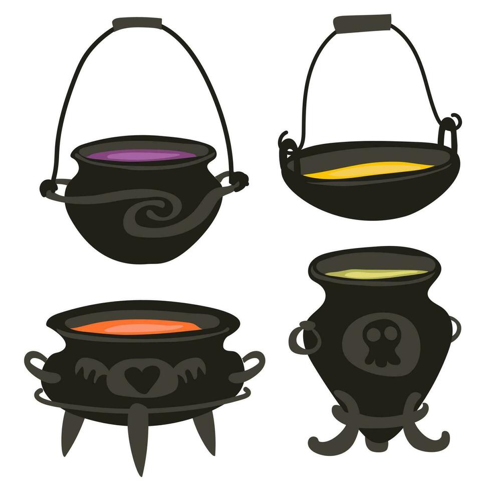 un conjunto de bruja calderos con de colores pociones antiguo variedades de negro bruja calderos con señales estar en soportes y colgar en manejas. aislado vector ilustración. estilo halloween colección