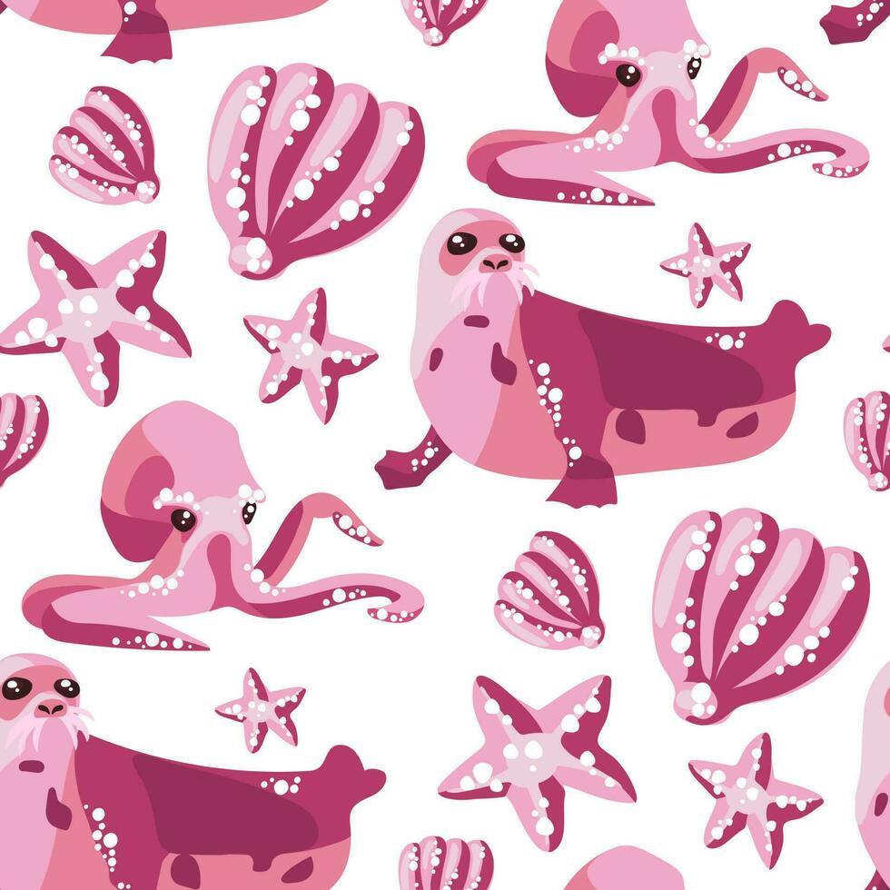 Vector print with a seamless pattern of pink octopus, seal, shell, star on a white background. Marine animals swim. Design of vector illustrations for fashionable fabrics, textile graphics, prints