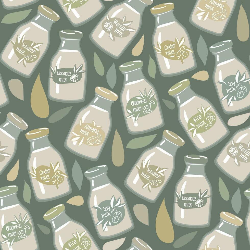 A pattern of glass bottles with vegetable milk labels. Coconut, almonds, soy, walnut, rice, oatmeal, etc. Vector background for printing on textiles and paper. Business, Marketing, Vegetarian