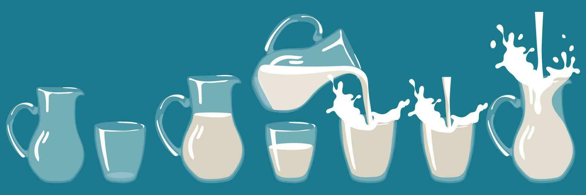 A set of glass glasses, empty jugs and with milk. Filled with liquid. There are full glasses nearby, filling up. Water is poured into a jug. The elements are isolated on a blue background vector