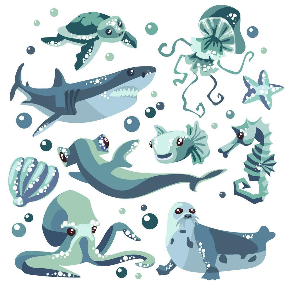 A set with sea animals. Cute abstract animals in blue tones swim in isolation on a white background. Collection of stickers on the theme of marine animals. Shark, octopus, turtle, seahorse, seal, etc vector