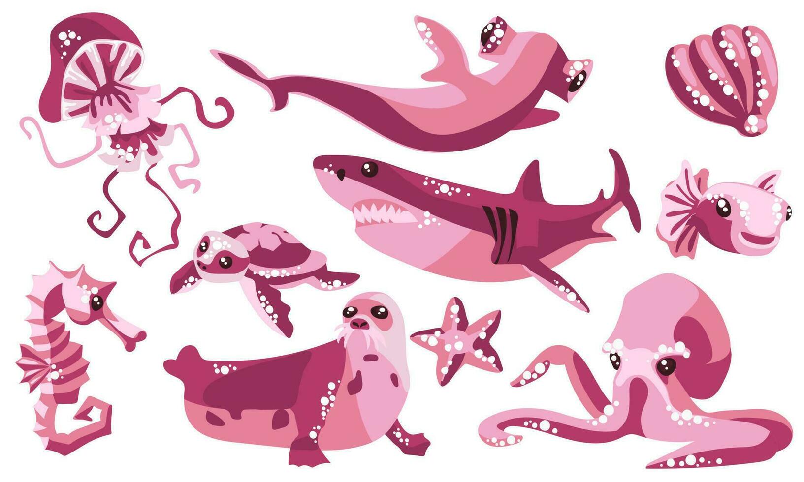 A set with sea animals. Cute abstract animals in pink tones swim in isolation on a white background. Collection of stickers on the theme of marine animals. Shark, octopus, turtle, seahorse, seal, etc vector