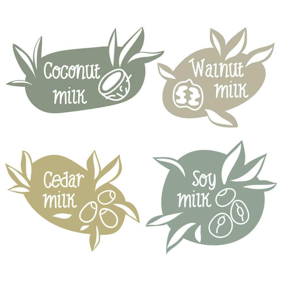 A set of labels for vegetable milk. Milk for vegetarians from varieties of grains and nuts. Milk without lactose. An alternative to dairy products. Template for banner, poster, printing, packaging. vector