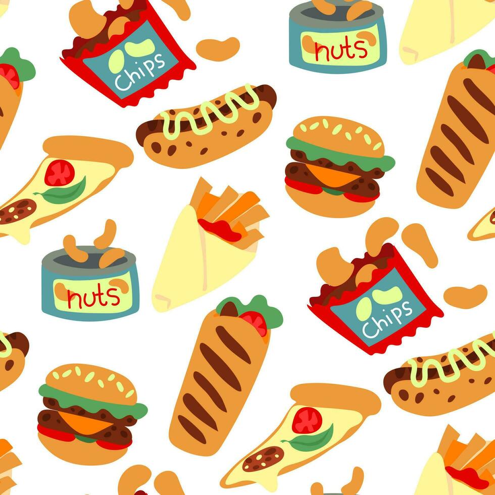 A pattern of street fast food, highlighted on a white background. Cartoon fast food, unhealthy chips, hot dog, hamburger, shawarma, nuts, pizza, French fries. Vector illustration in a simple style