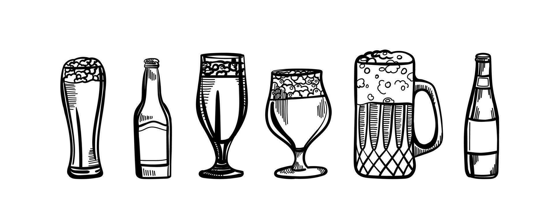 conjunto de cerveza anteojos, tazas, cinta, botella, y brincar. Clásico vector grabado ilustración para web, póster, invitación a fiesta. mano dibujado diseño elemento aislado en blanco antecedentes.