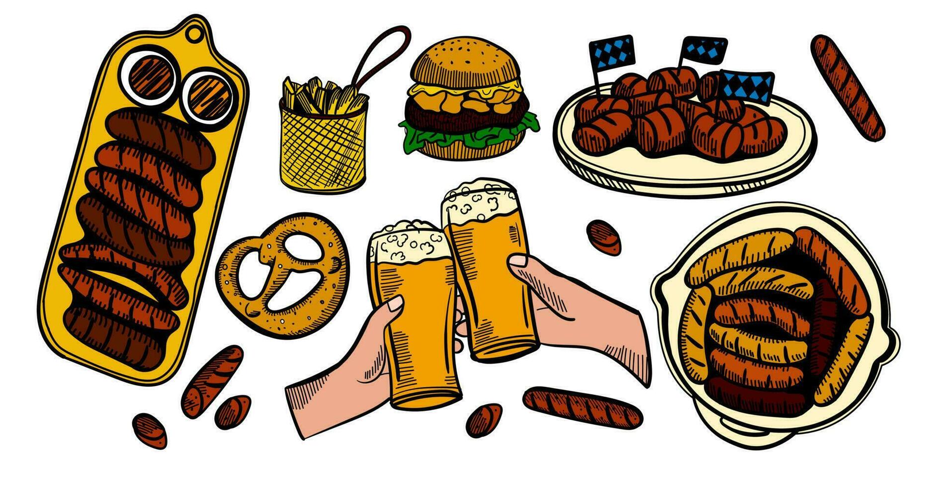 The composition of drinks and snacks. Set food and beer in a glass, mug, cup and jar. Hand drawing graphic strokes, lines Sketch for Oktoberfest or menu the restaurant, pub, bistro, snack bar, Vector