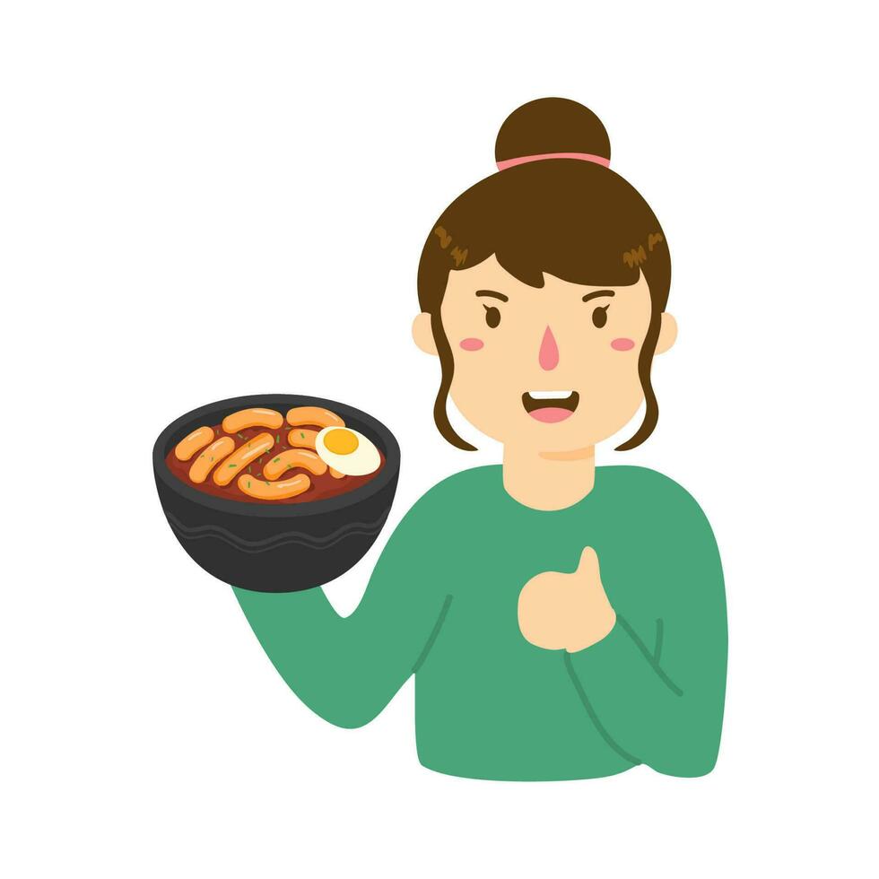 mujer de venta tteokbokki o arroz pastel coreano calle comida vector