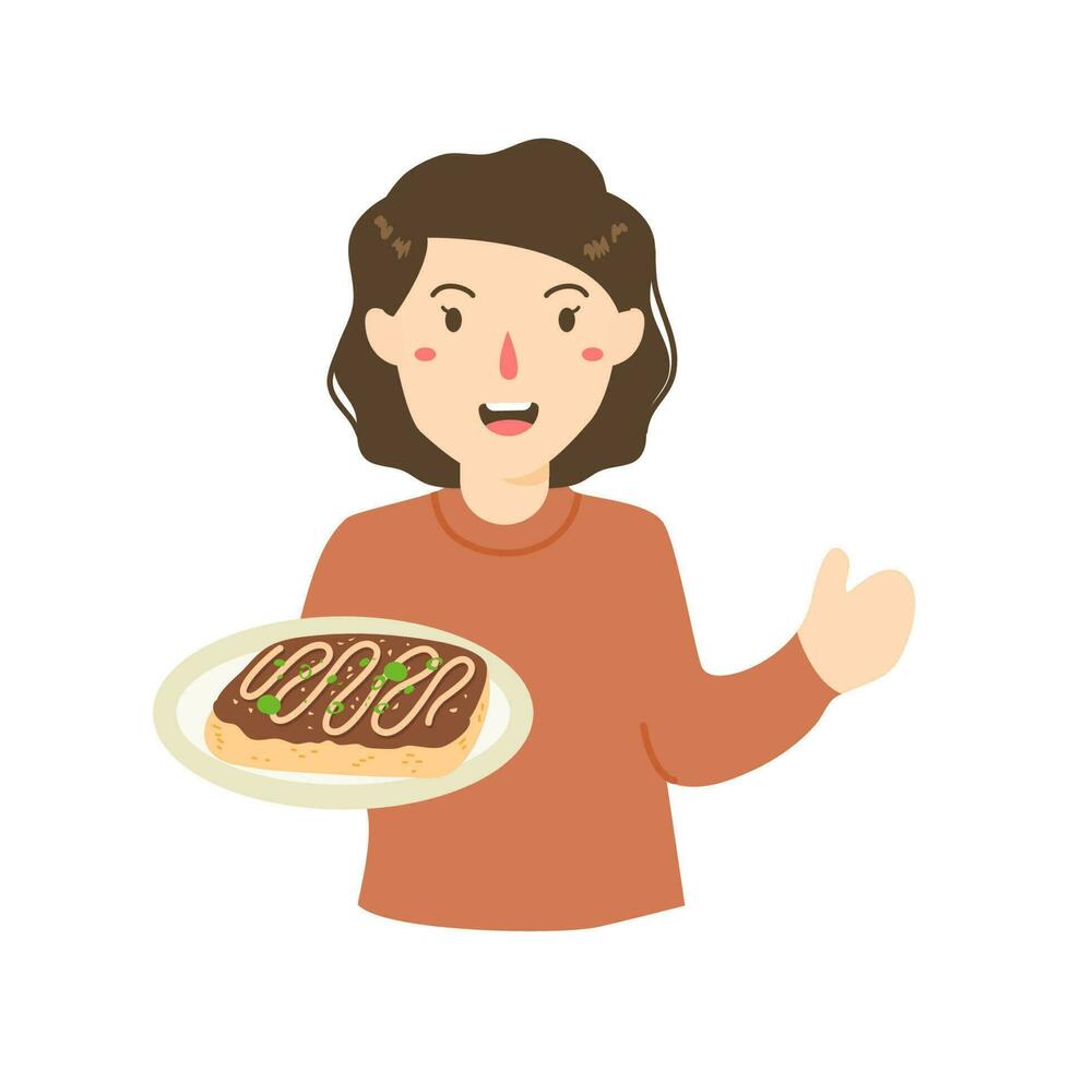 mujer de venta okonomiyaki vector