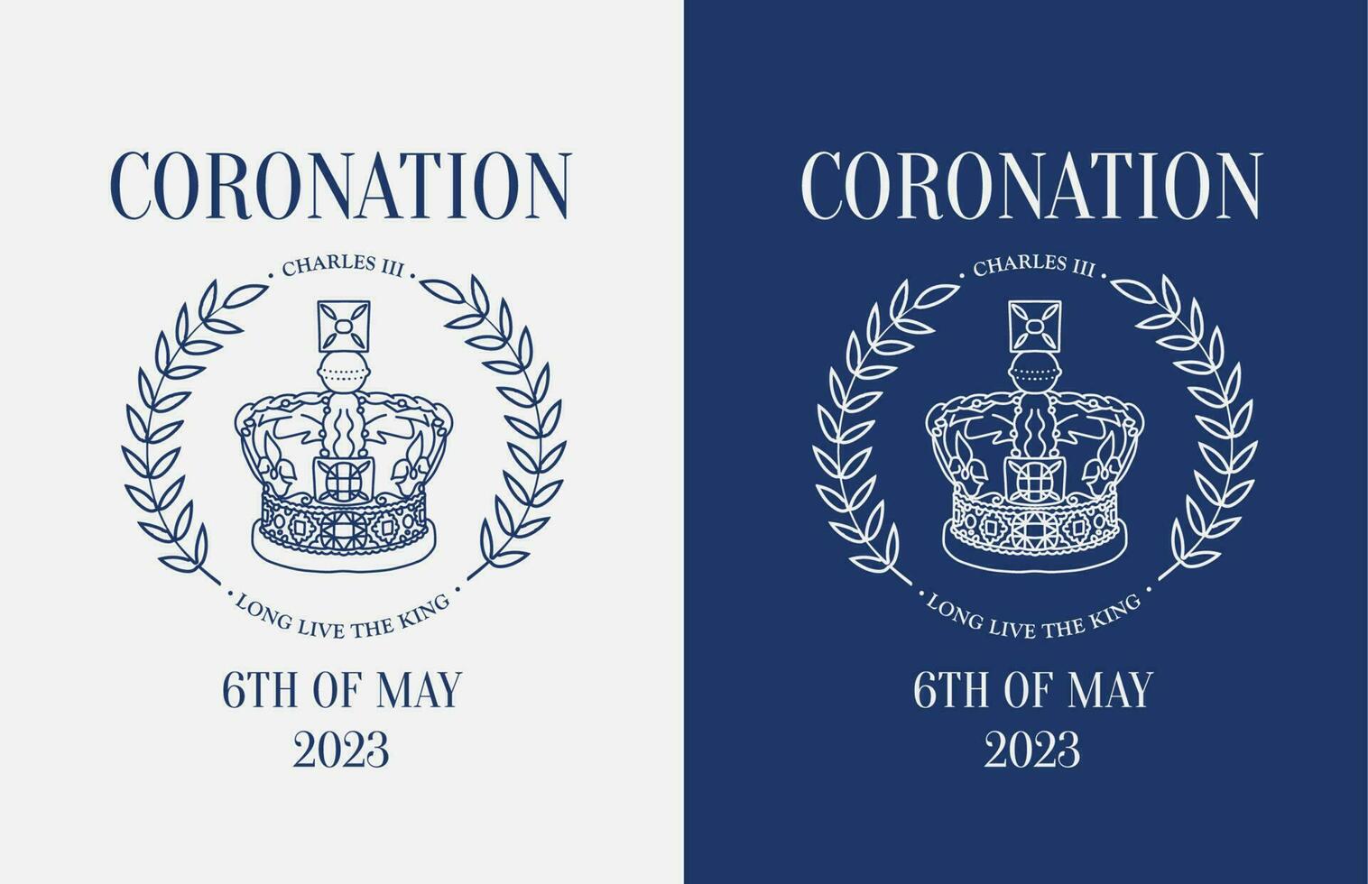 Poster for King Charles III Coronation with linear crown and laurel wreath. Monochrome Greeting card for celebrate a coronation of Prince Charles of Wales becomes King of England. Vector illustration.