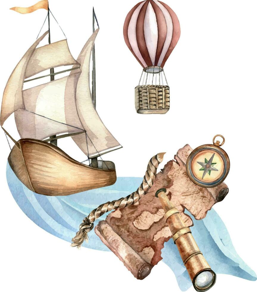 Composition of adventure items vintage style watercolor illustration isolated on white. Compass, spyglass, sailboat, hot air balloon hand drawn. Childish design, element for boy's print, postcard vector