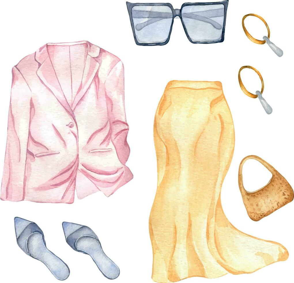 Set of woman's summer clothes watercolor illustration isolated on white. Woman's stylish outfit of jacket, skirt, glasses hand drawn. Design for shop, sale, magazine, packaging, showcase, pattern vector