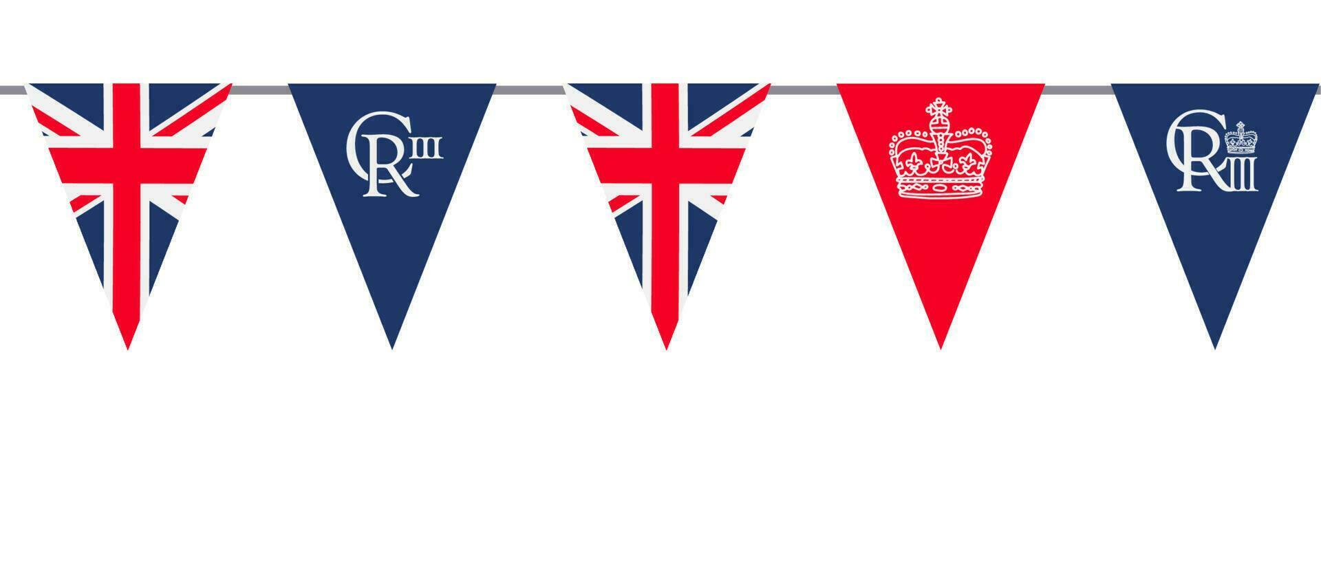 King's coronation UK Union Jack flag garland. Flat vector illustration. Seamless border to festive decoration.