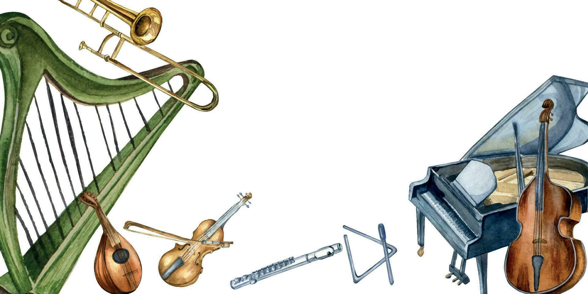 Board of harp, violin, grand piano and contrabass watercolor illustration isolated vector