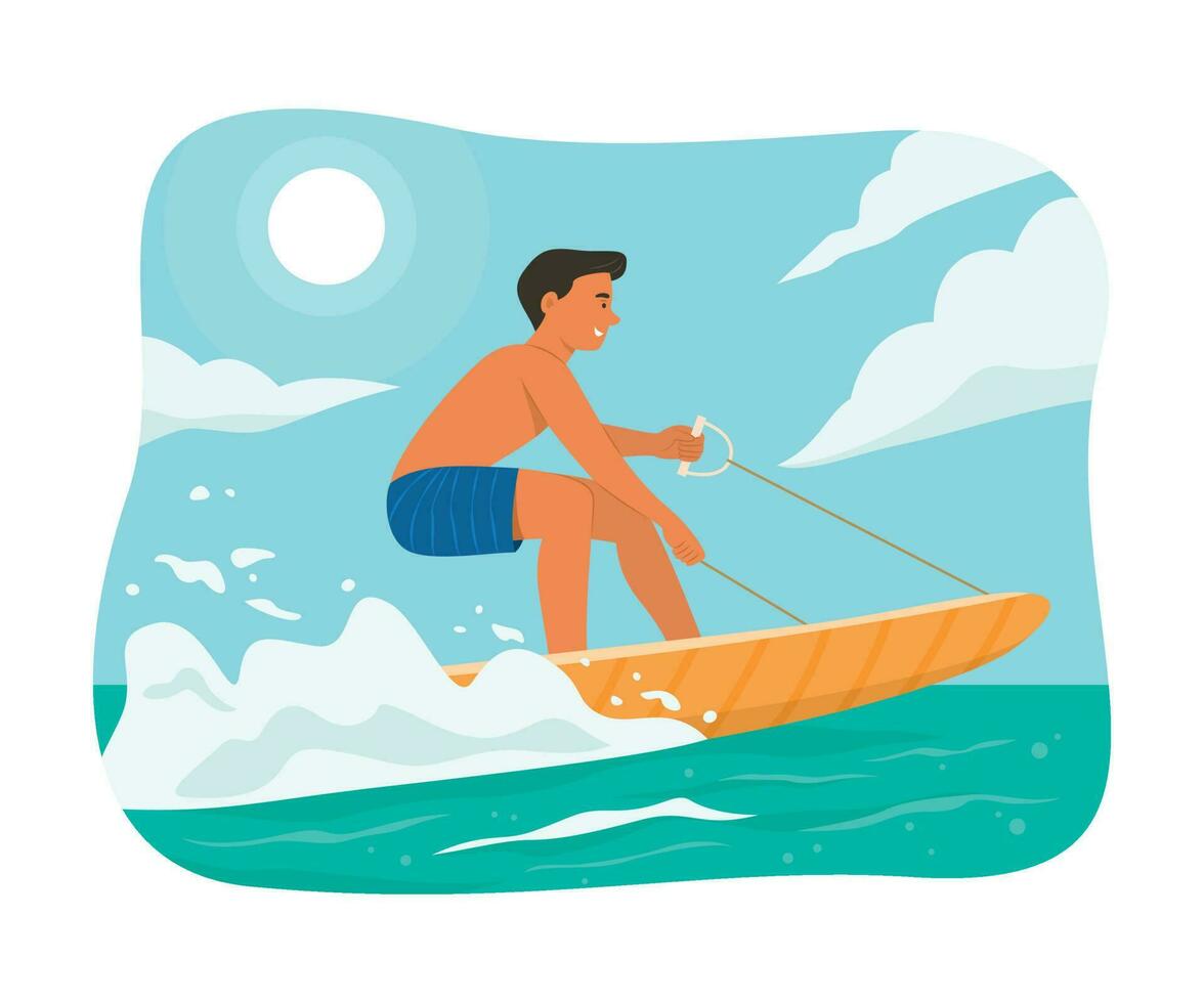 hombre jugando eléctrico tabla de surf en verano temporada vector