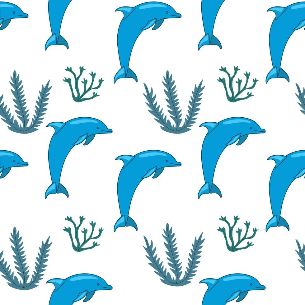 Cute seamless pattern with dolphins and seaweeds. White background, sea animals in flat style, cartoon wildlife. vector