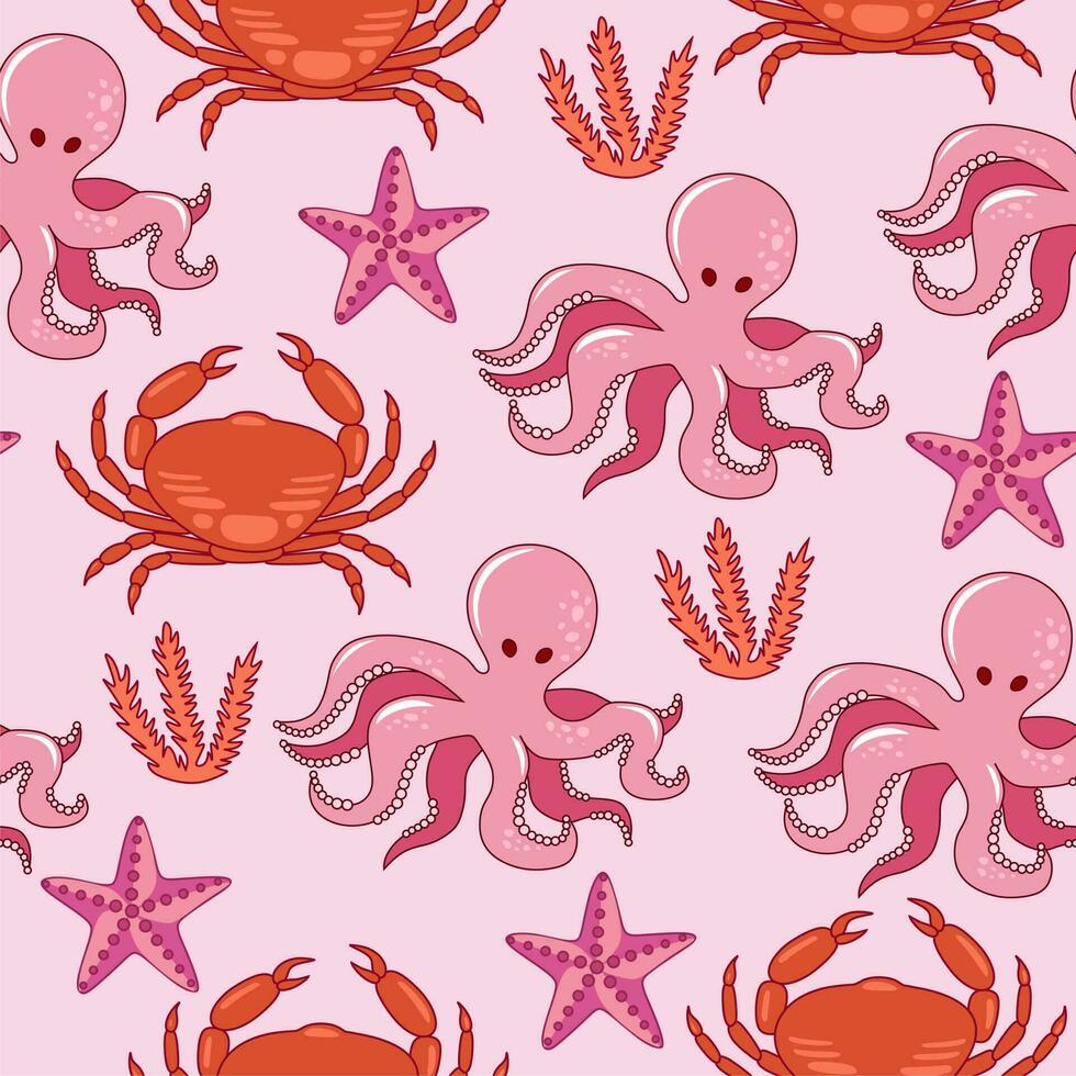 Cheerful hand drawn vector seamless pattern with sea animals. Octopus, crab and seastar with seaweeds.