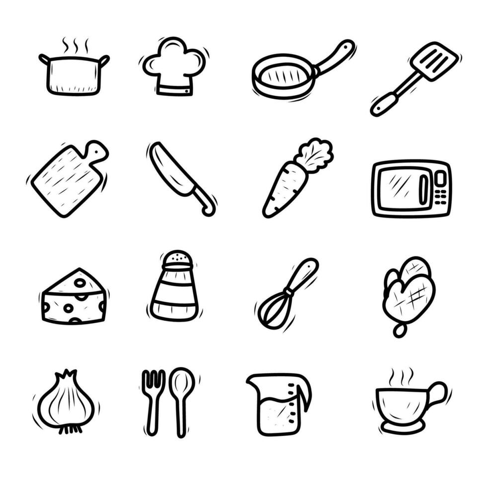 Set of kitchen element vector illustrations in cute doodle style isolated on white background