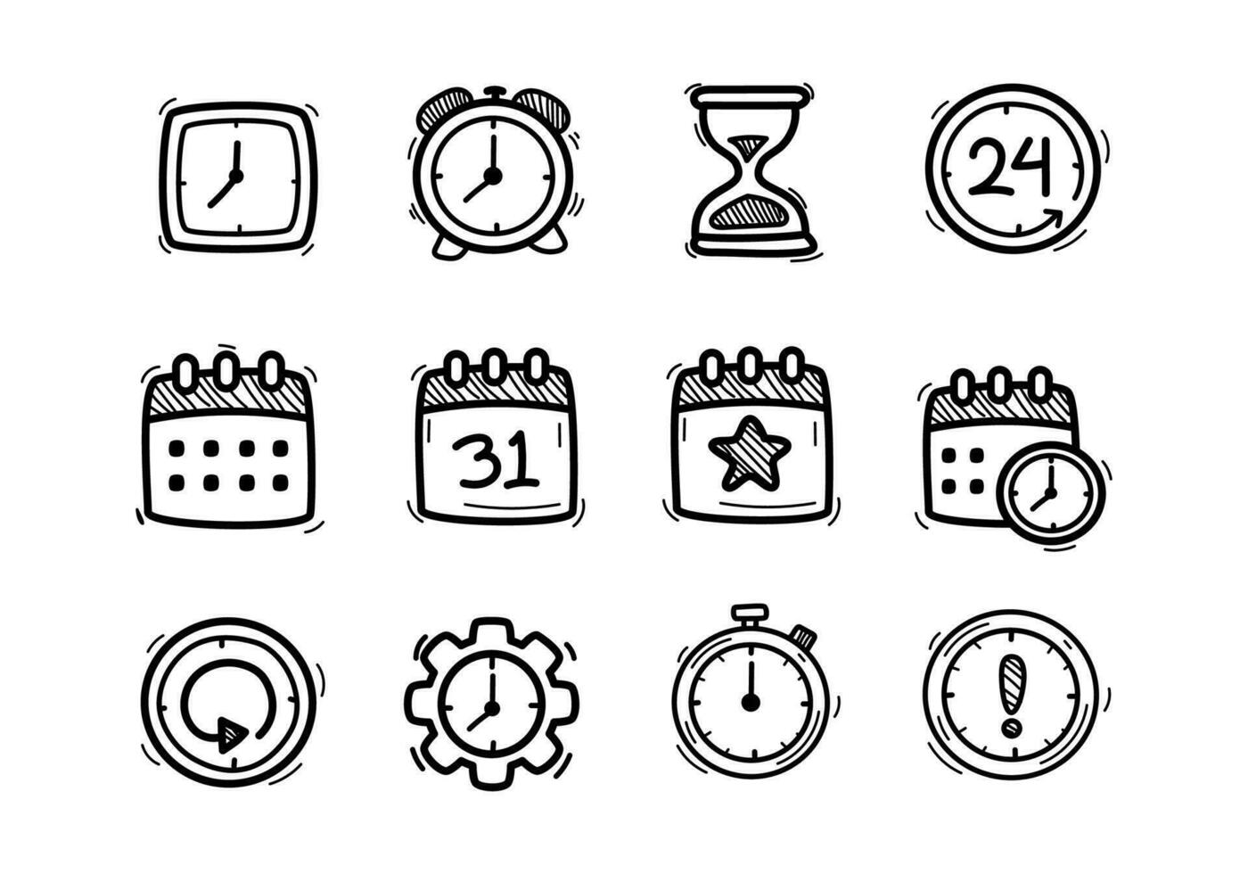 Set of time and calendar icons in cute doodle style isolated on white background vector