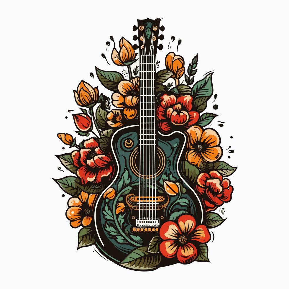 un guitarra y flores ven juntos en esta logo diseño, creando un armonioso y elegante imagen para un música o inspirado en la naturaleza marca vector