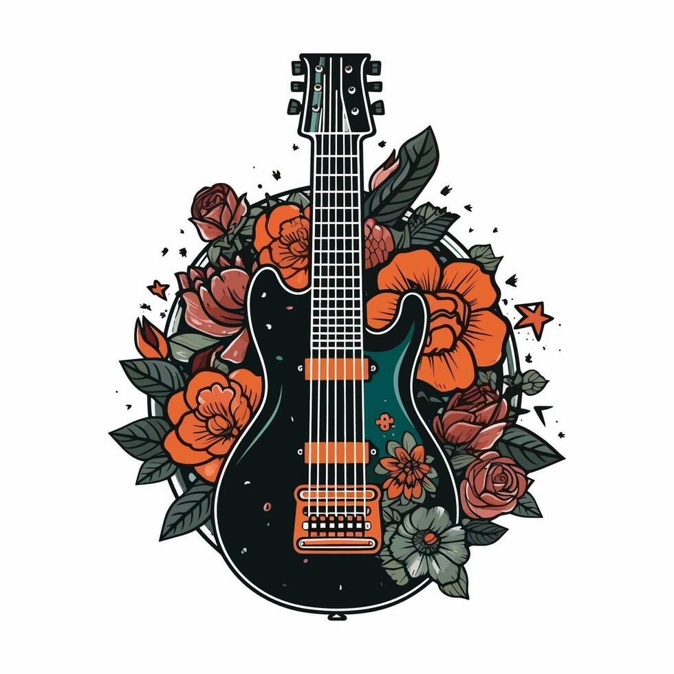 un guitarra y flores ven juntos en esta logo diseño, creando un armonioso y elegante imagen para un música o inspirado en la naturaleza marca vector