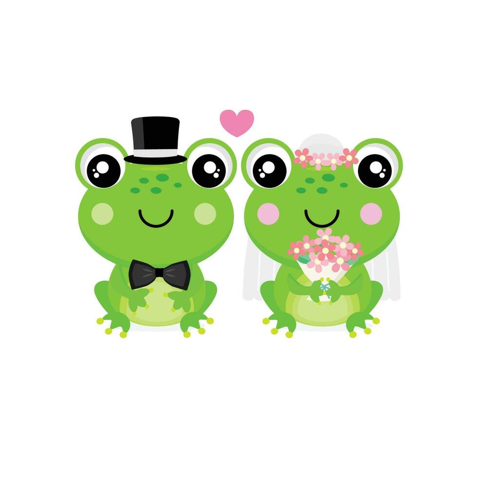 linda rana vistiendo disfraces de novia y novio vector ilustración.