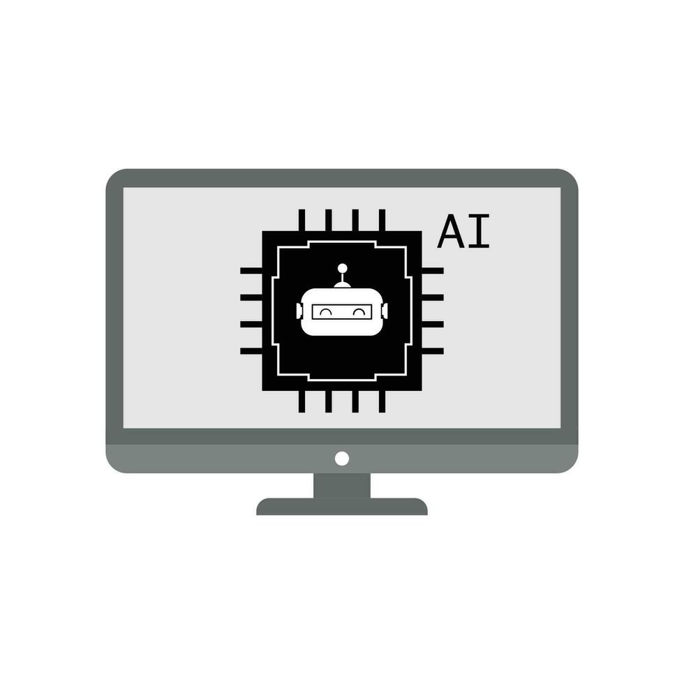 Artificial intelligence robot and chip icon on computer screen. vector