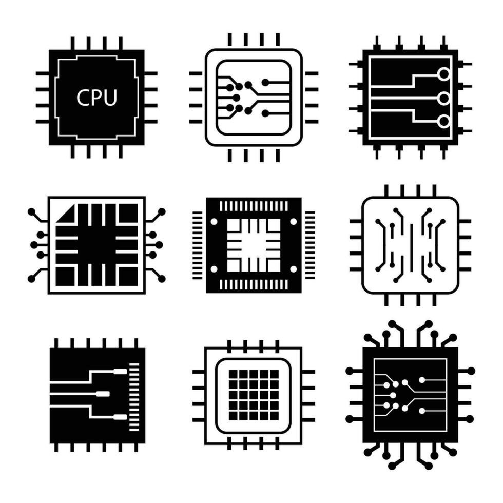 computadora papas fritas y electrónico circuito iconos vector