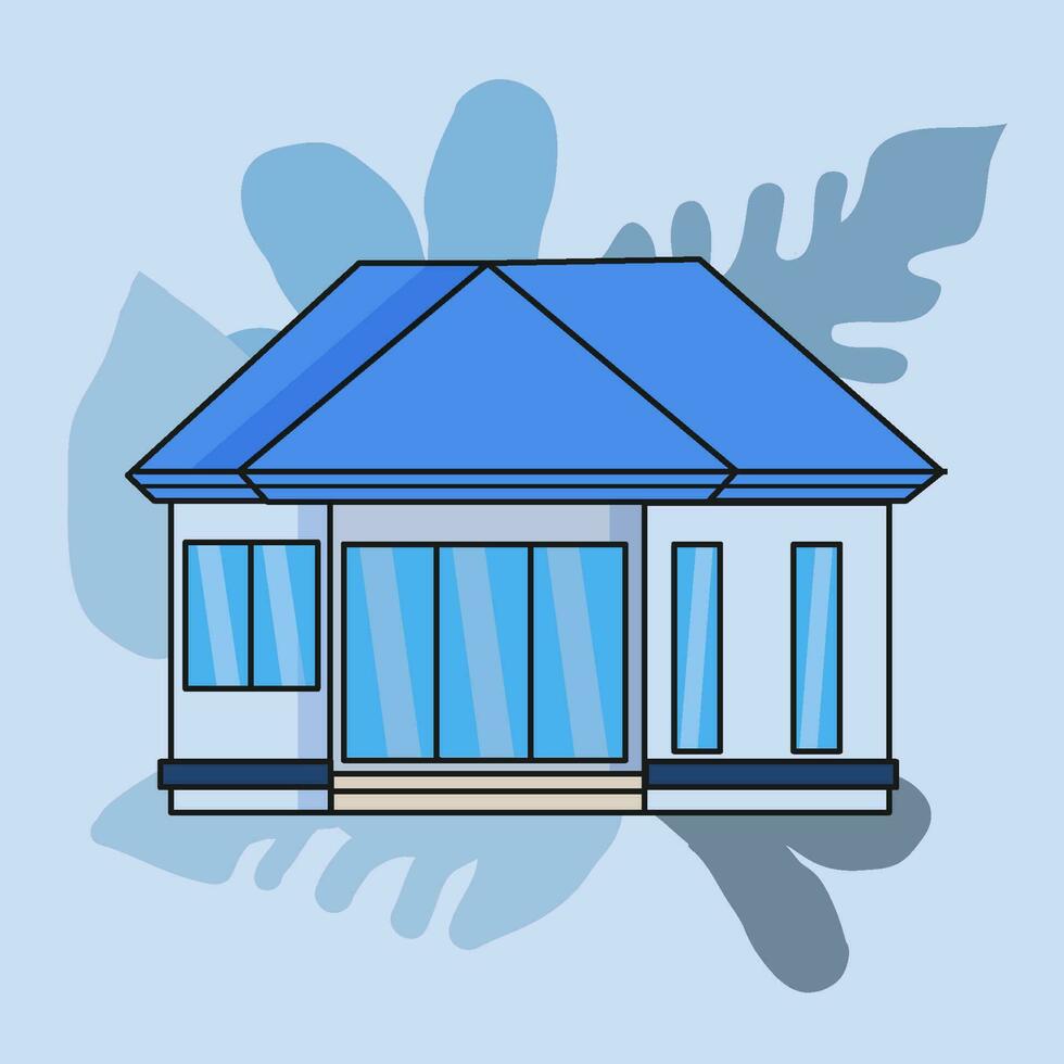 Simple house isolated vector. Blue theme color, black stroke, leaf shape background. Single urban residence vector illustration.