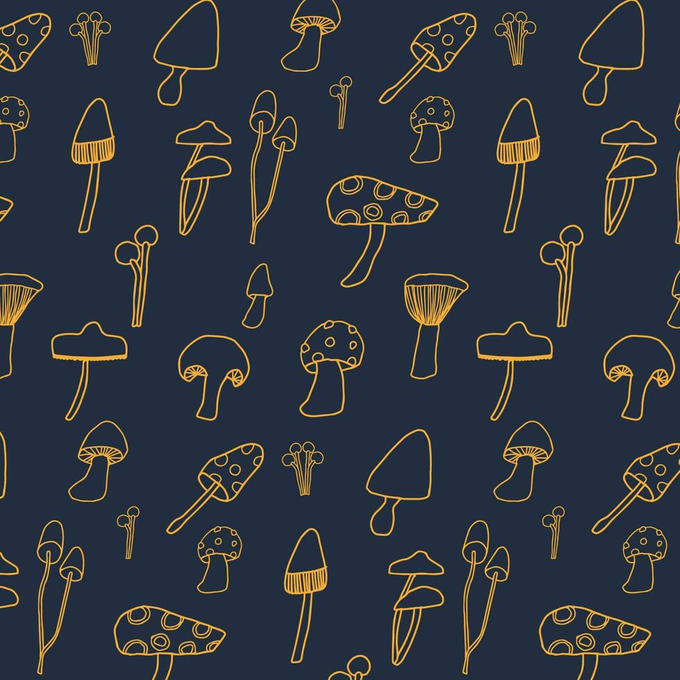 Mushroom drawing illustration pattern. Orange line with navy blue background. Vector illustration. Pattern in swatches.