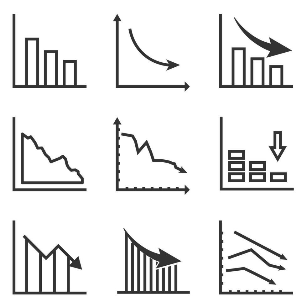 Decrease graph icon. Declining business report symbol. Linear stroke line chart graphic vector illustrator.