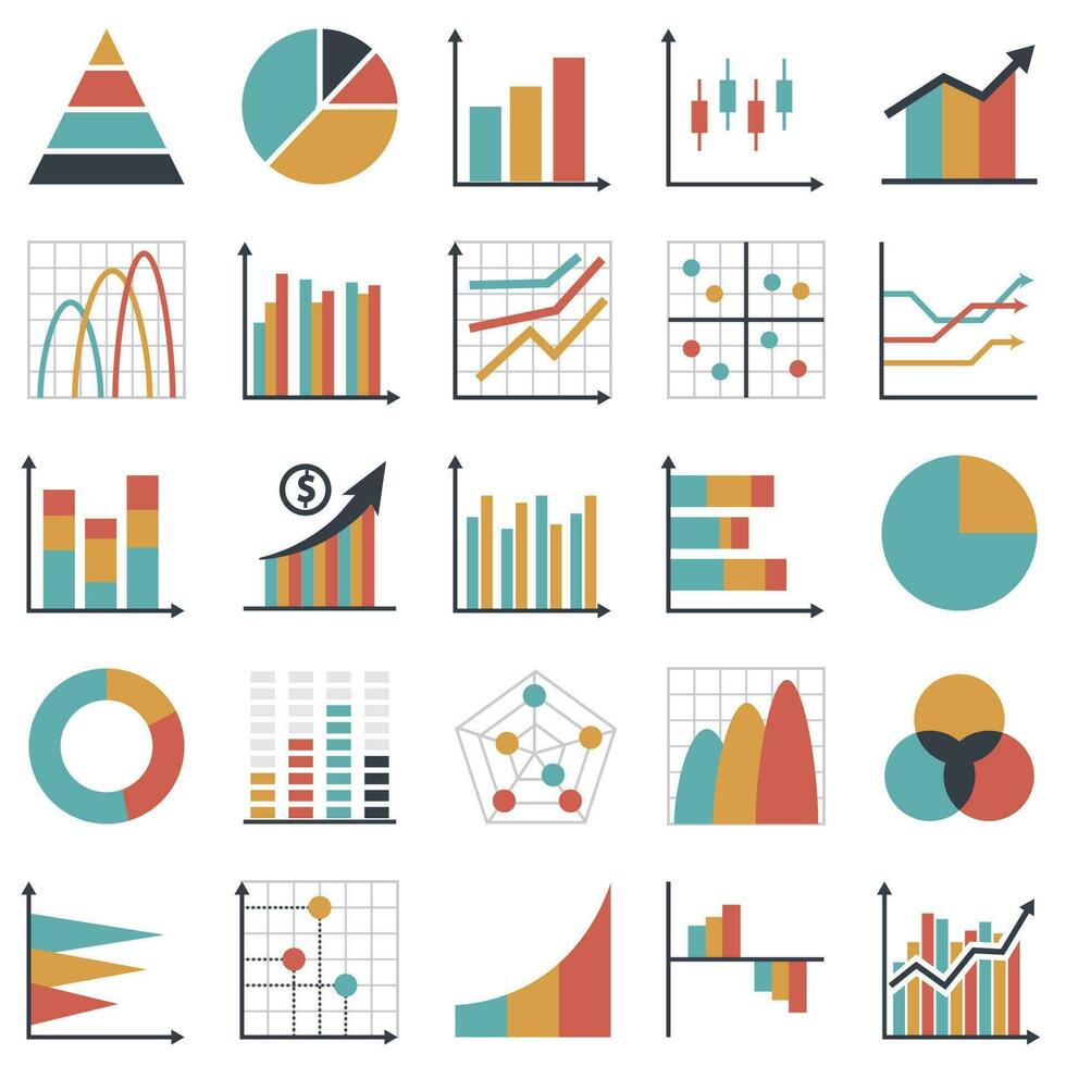 Set of business graph icon, Flat object statistics finance presentation, Report element symbol vector. vector