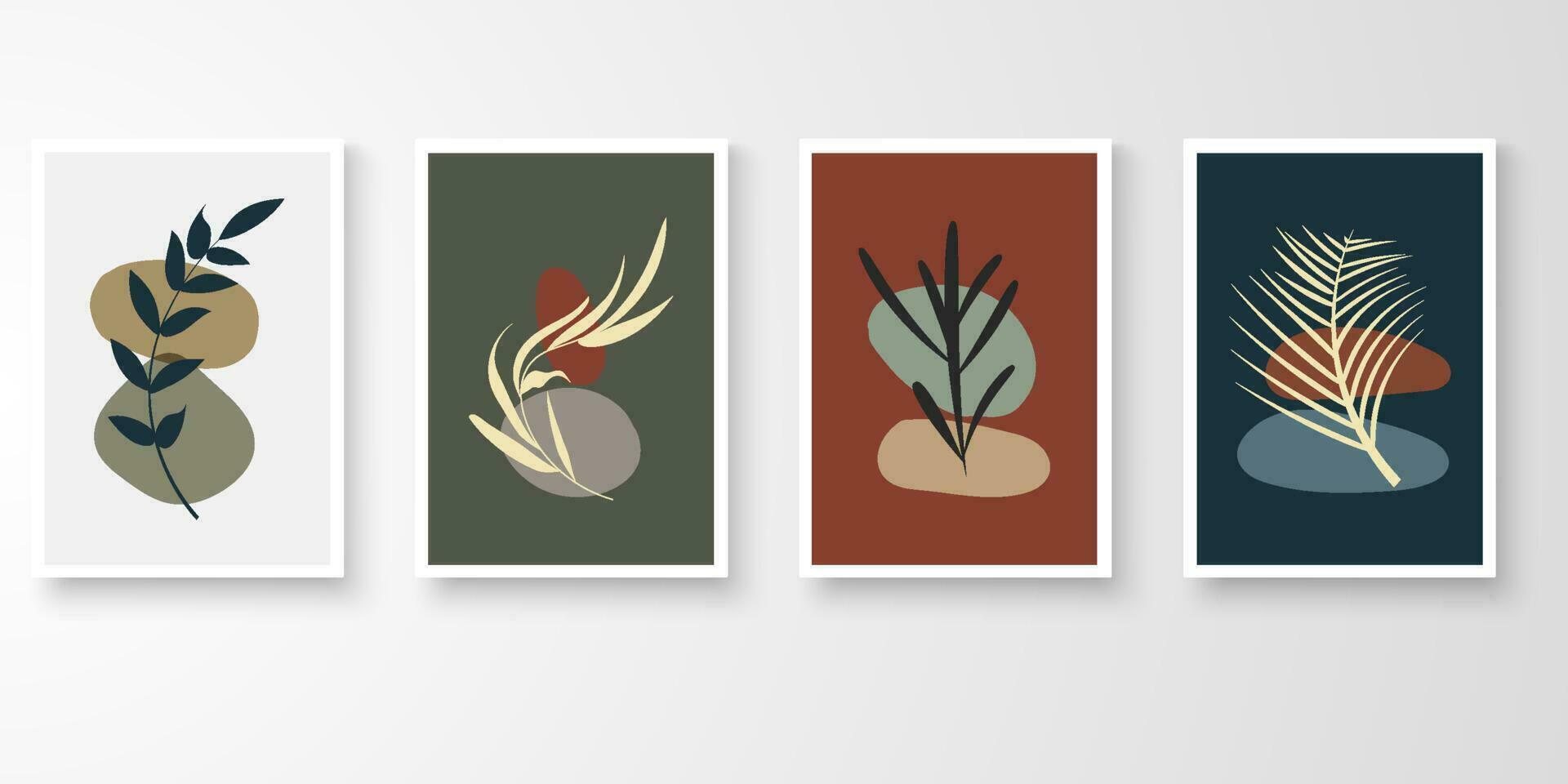 Set of wall art in white frames.Foliage line art drawing with abstract organic shape composition earth tone. Cresendo moon, leaf, stone art vector illustration.